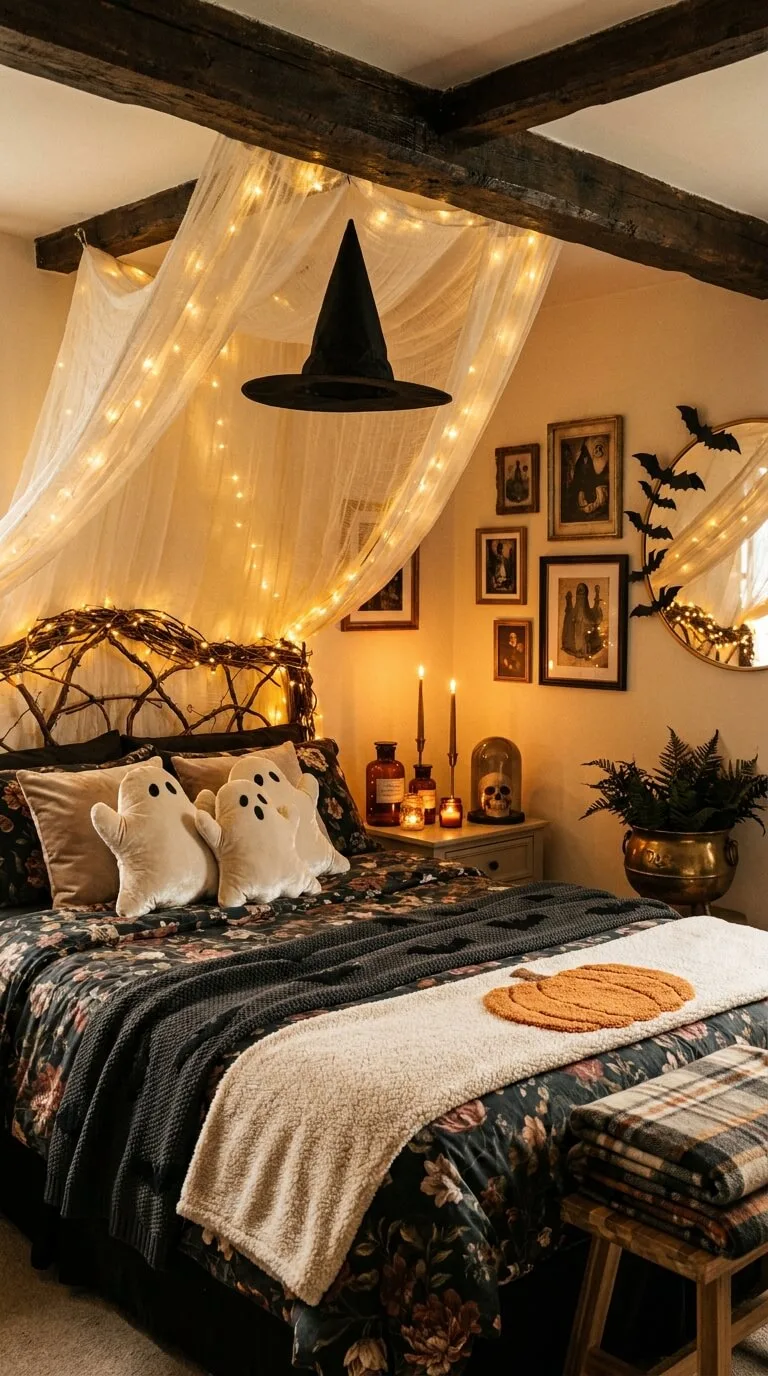 Halloween bedroom featuring witch hat, fairy lights, and ghost pillows.