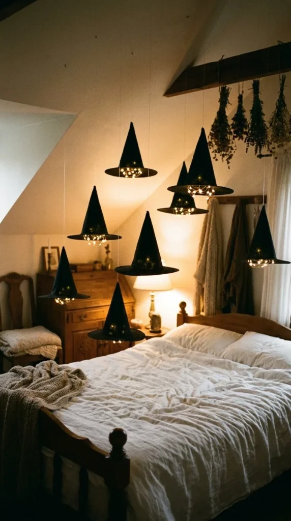 Bedroom with hanging witch hat lights, wooden bed, dried herbs.