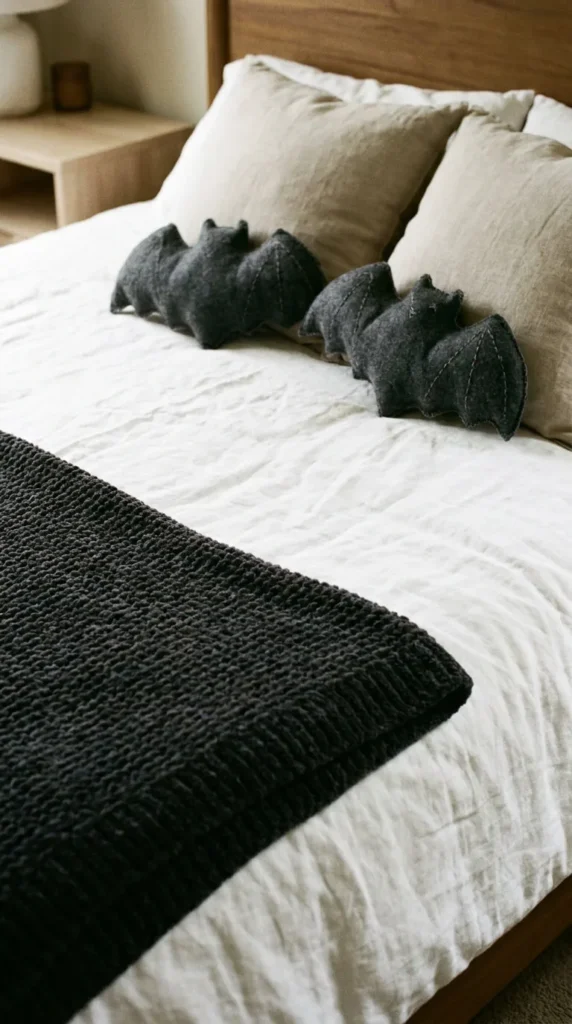 Bed with sheets, beige pillows, bat plush toys, dark throw