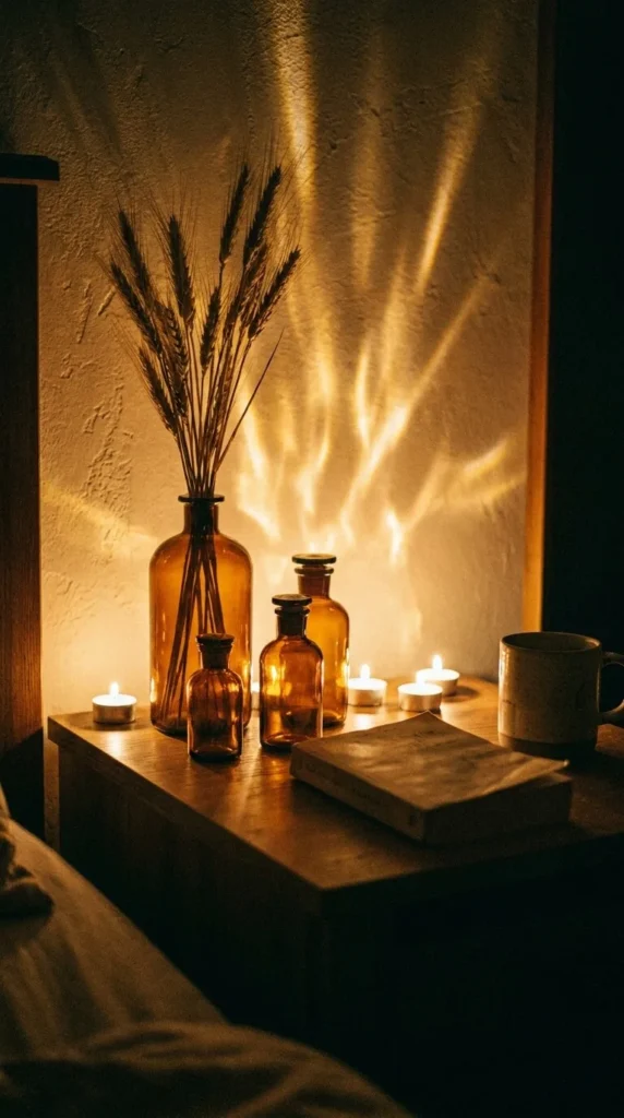 Warm candlelight illuminates amber bottles, wheat, book, and mug cozy
