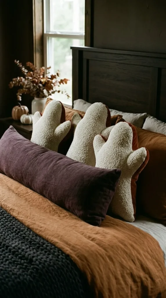 Bed with ghost pillows, pumpkin decor, autumn colors, cozy bedroom