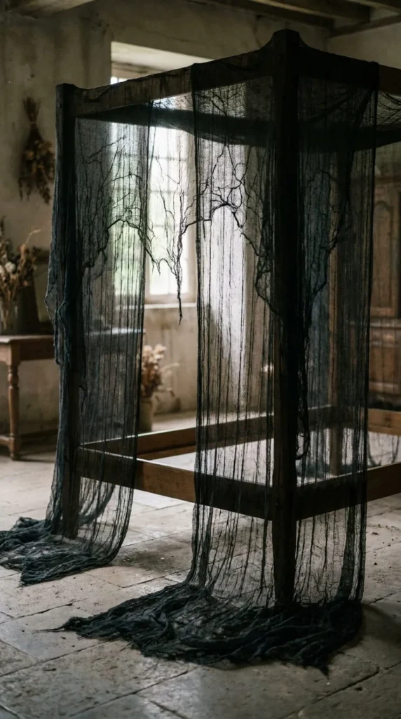 Dark sheer fabric drapes over wooden frame in rustic room.