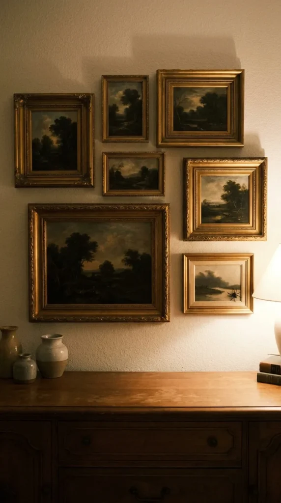 Gold-framed landscape paintings on wall above wooden sideboard with vases