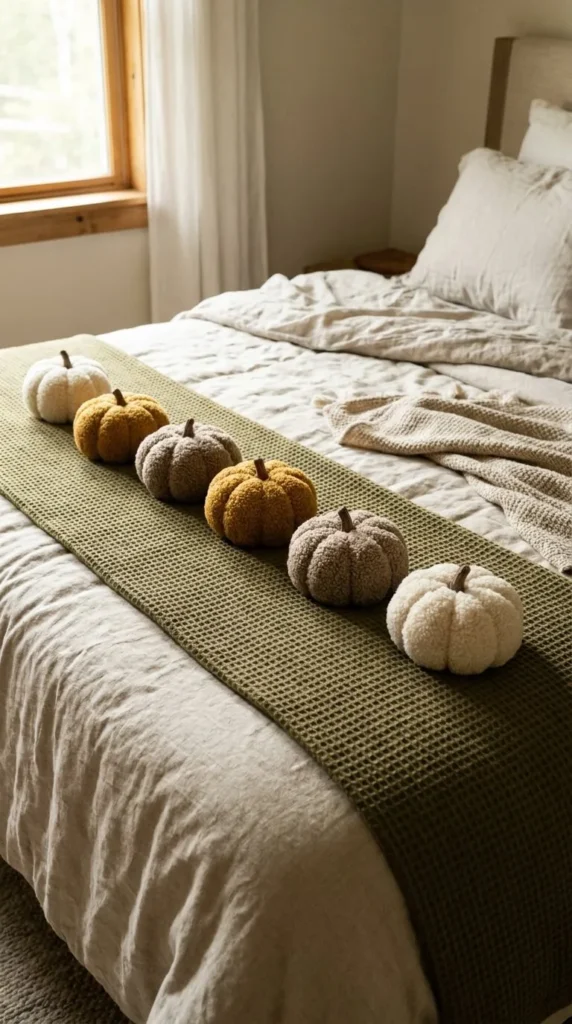 Bed with green runner and fluffy white, yellow, gray pumpkins