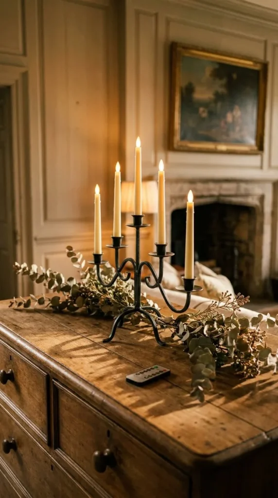 Wooden dresser holds lit candle candelabra with eucalyptus and remote