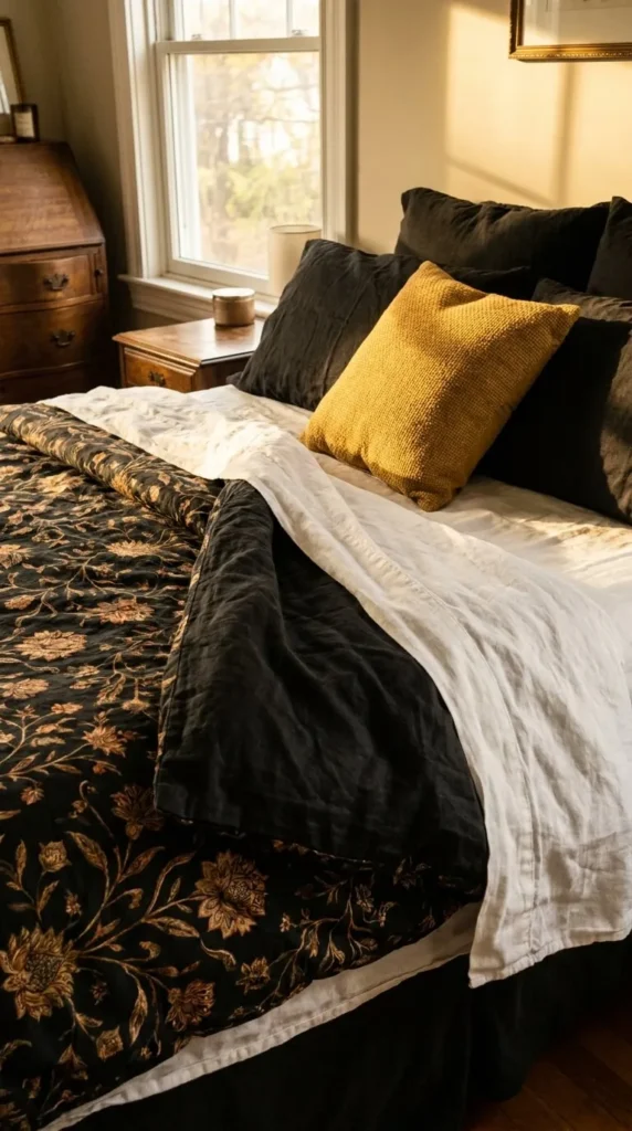 Sunlit bedroom with black floral quilt, white sheet, yellow pillow.