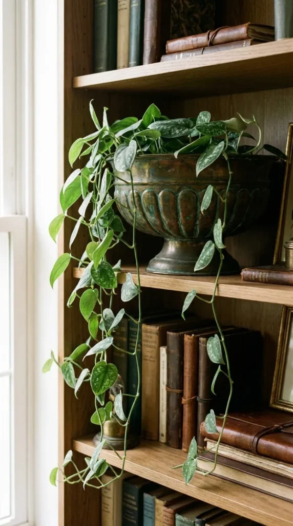 Wooden bookshelf with books, trailing green plant in bronze pot