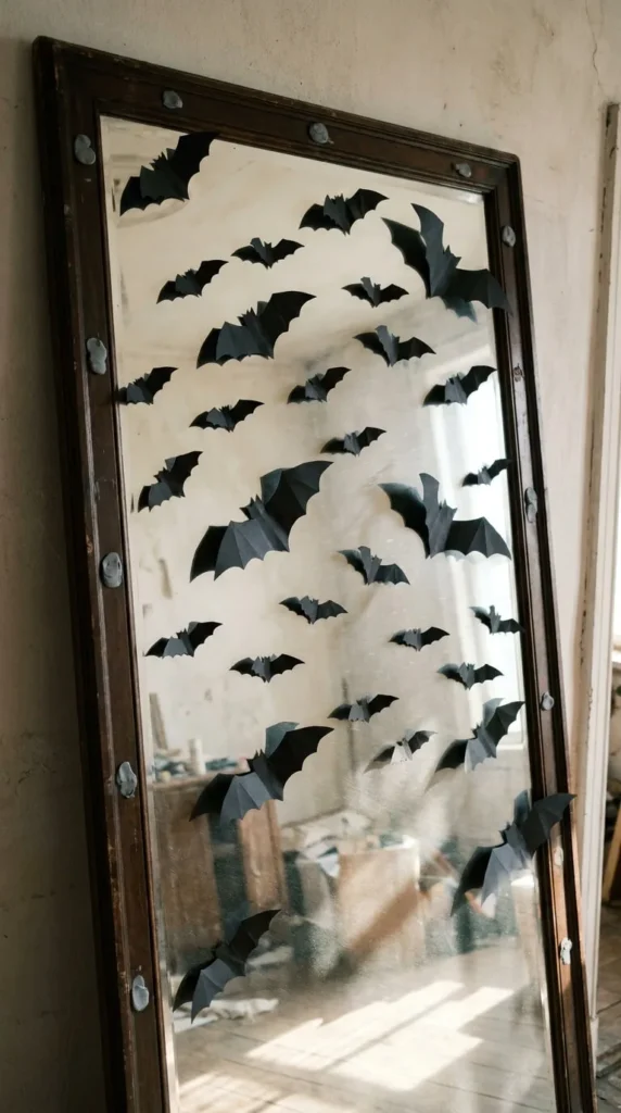 Tall mirror with wooden frame, black paper bats on glass.