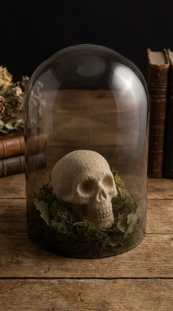 Glass dome covers skull resting on moss and green leaves.
