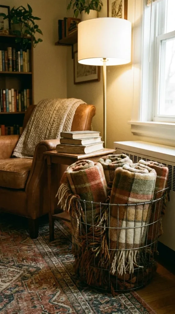 Cozy reading nook with lamp, chair, books, and blanket basket