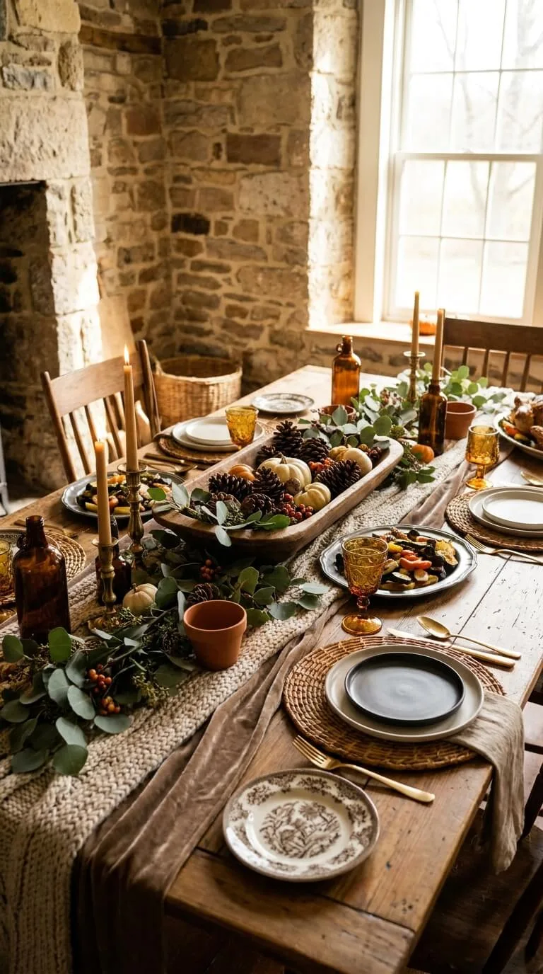 Wooden table set for fall dinner with candles and greenery