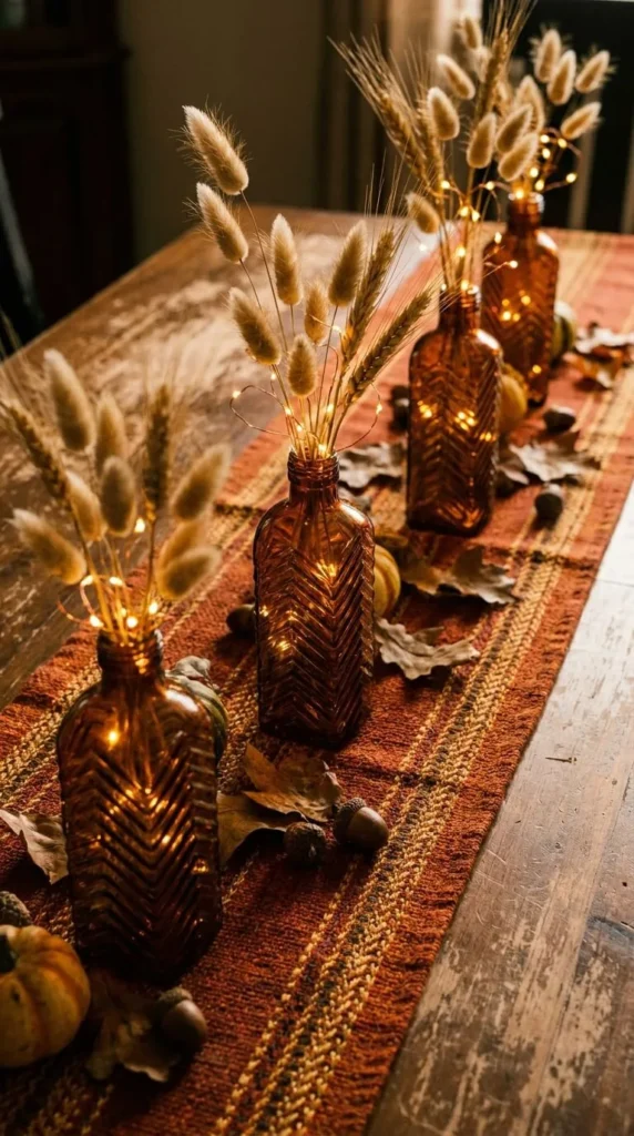 Autumn table runner with amber bottles, dried grasses, fairy lights.