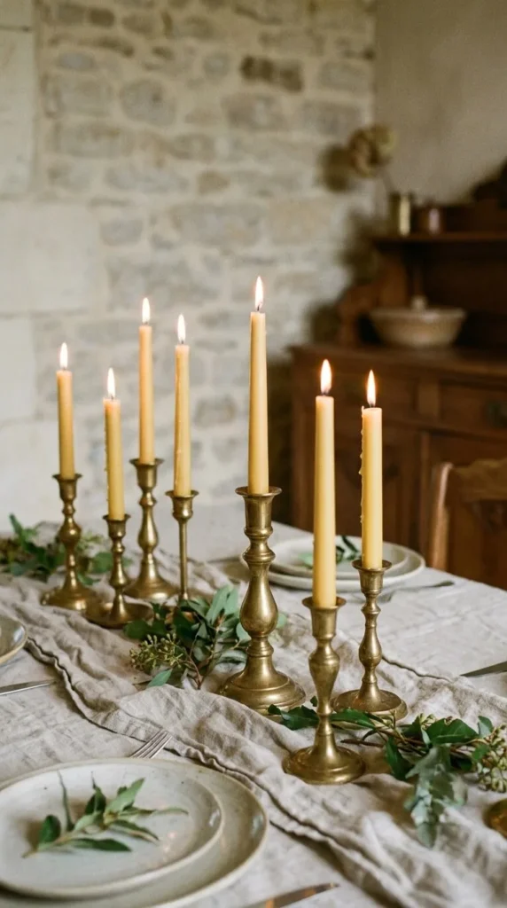 Elegant table setting with lit candles, greenery, plates on linen.