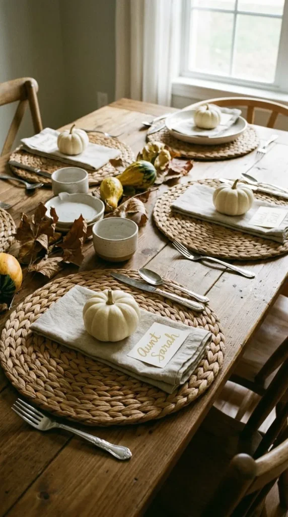 Rustic wooden table set with pumpkins, placemats, and autumn decor