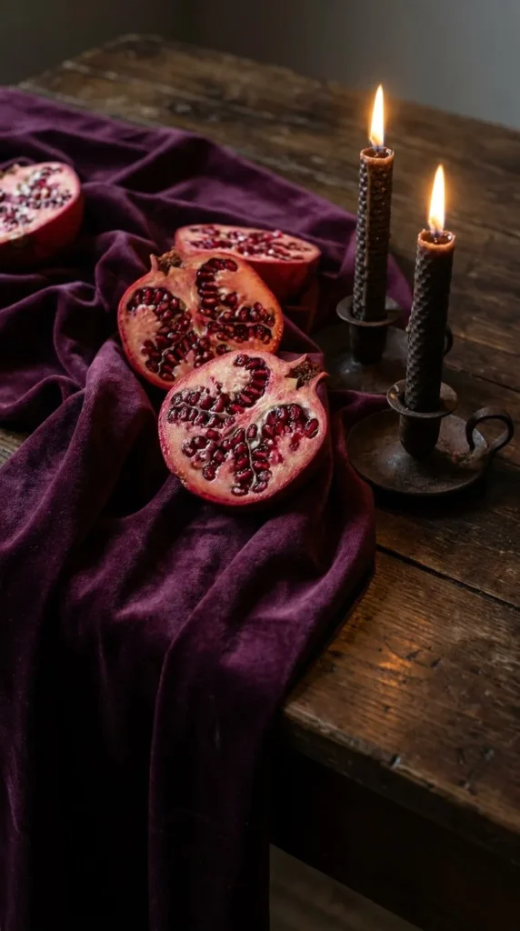 Halved pomegranates on purple cloth beside lit candles and warmth.