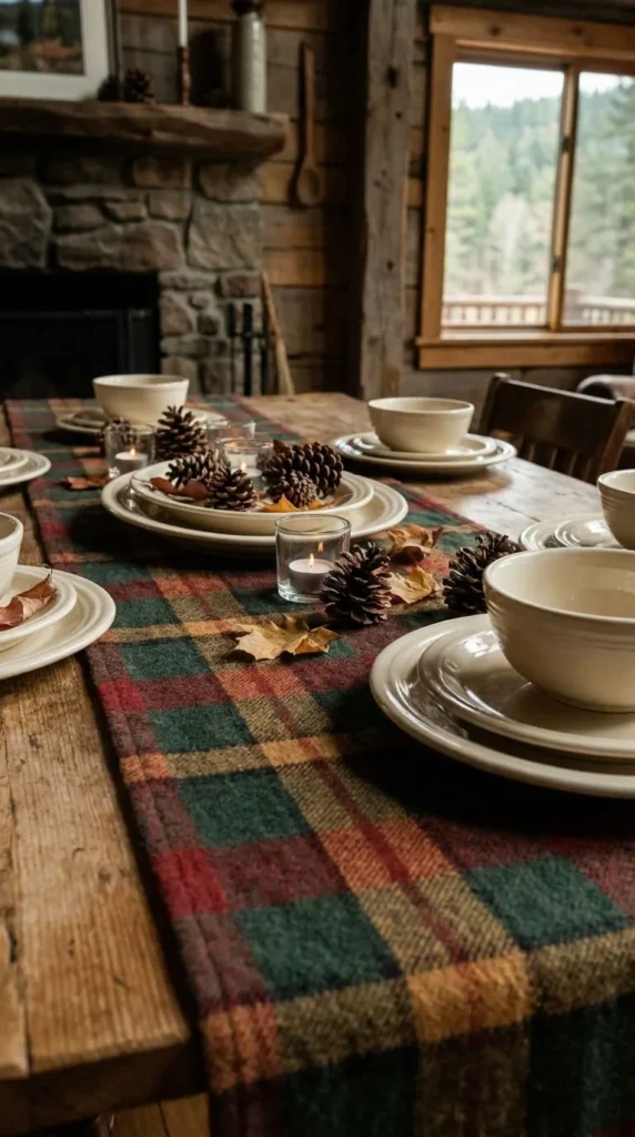 Rustic table with plaid runner, plates, bowls, pine cones, candles.