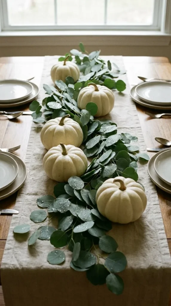 White pumpkins on eucalyptus runner on wooden dining table setting