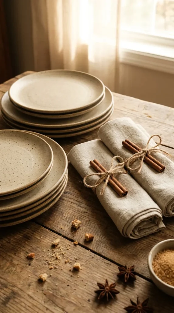 Rustic wooden table holds stacked plates, linen napkins, cinnamon sticks