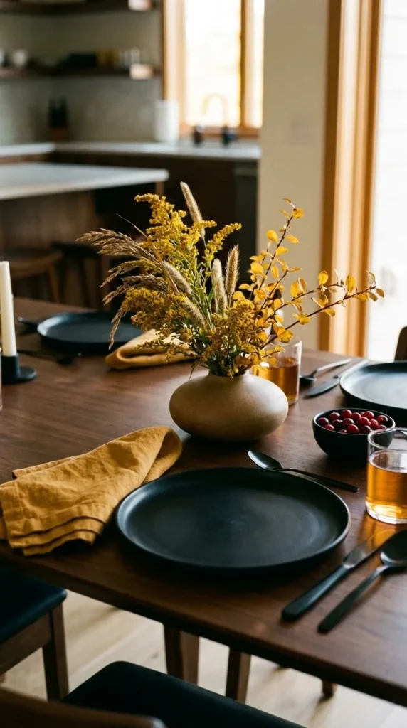 Wooden table with black plates, yellow napkins, and yellow flowers