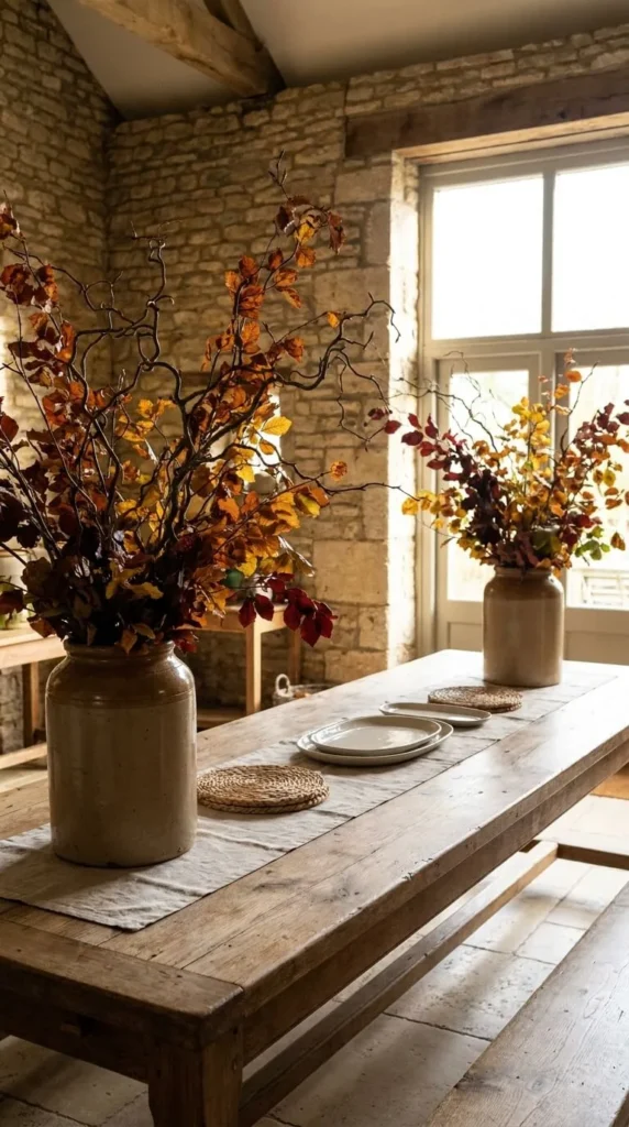 Rustic wooden table set with autumn floral vases and plates.