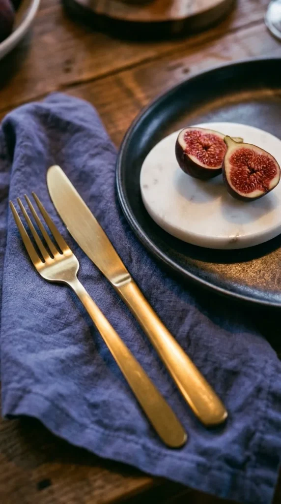 Gold fork and knife rest on blue napkin beside figs.