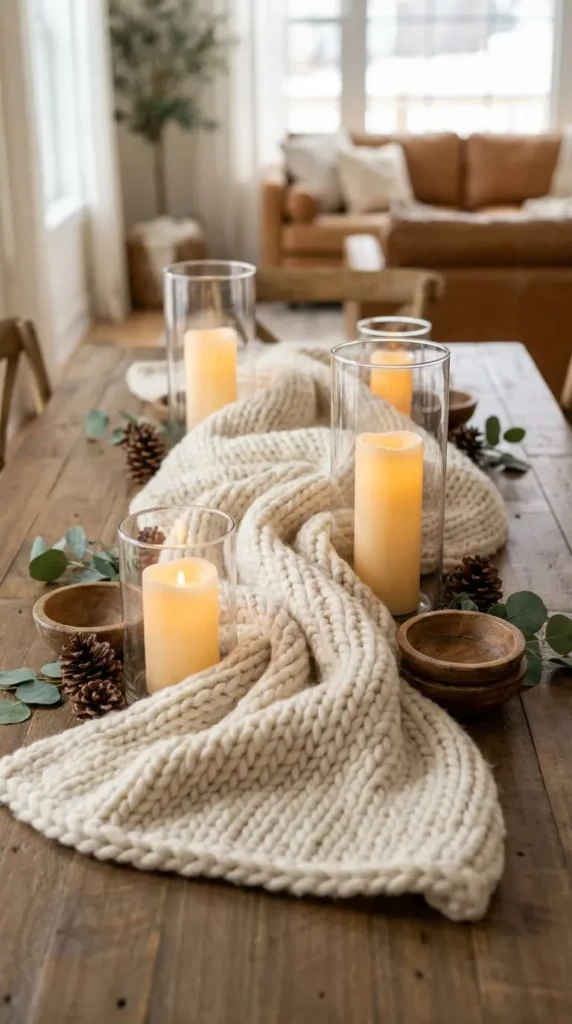 Rustic wooden table with knit runner, candles, pine cones, greenery.