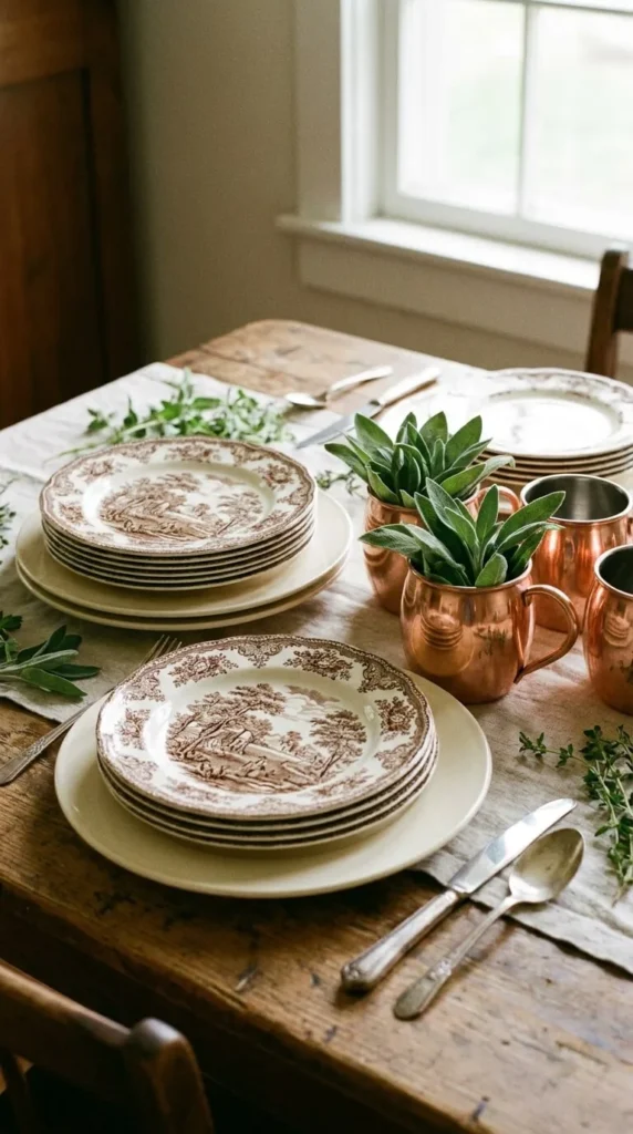 Wooden table, stacked plates, copper mugs, green plants, window light
