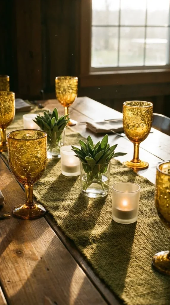 Rustic wooden table with glasses, green runner, succulents, candles, sunlight.