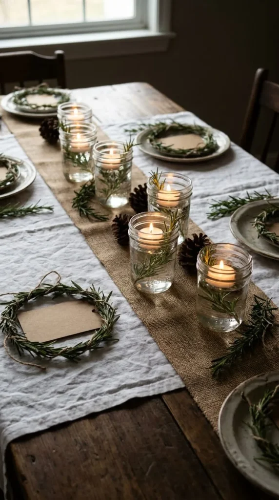 Rustic table, burlap runner, mason jar candles, rosemary, pine cones.