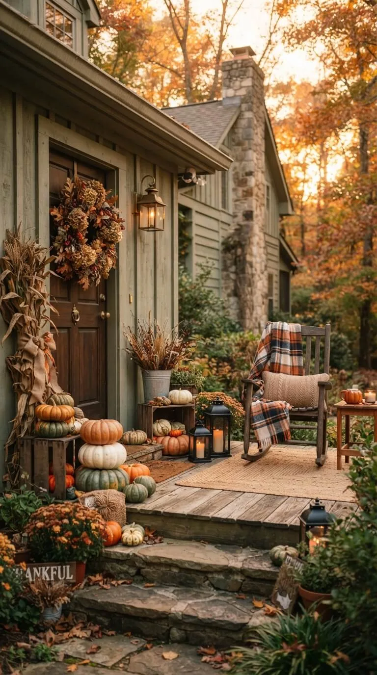 Autumn porch cozy with pumpkins wreath rocking chair lanterns home