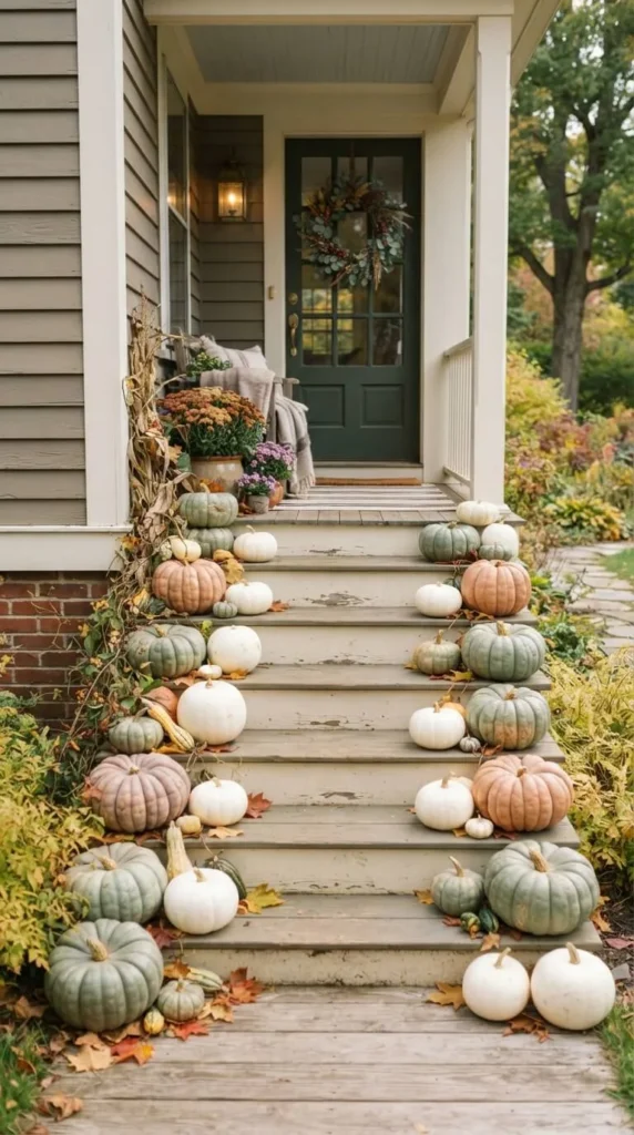 Pumpkins decorate wooden steps leading to a green front door.