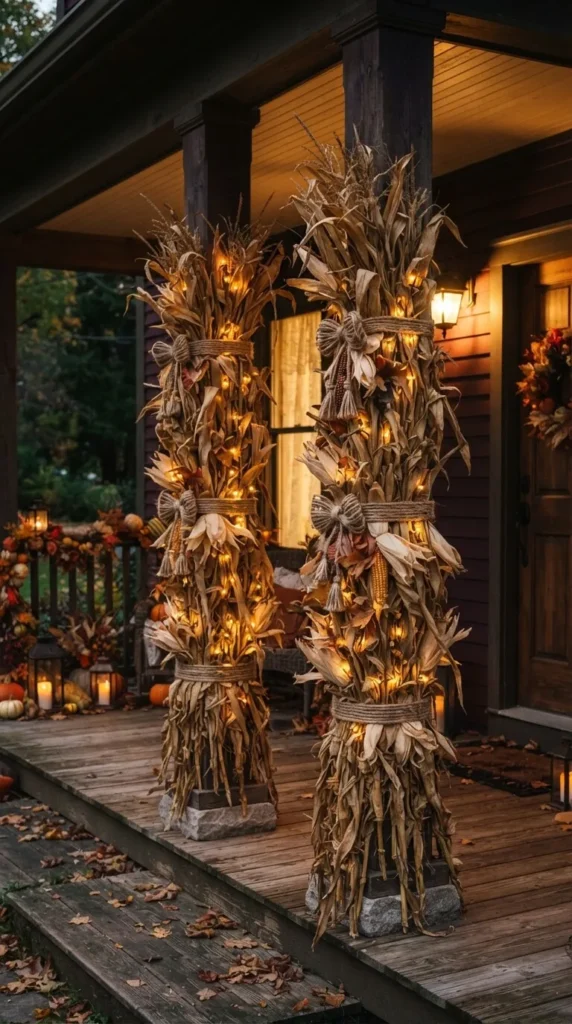 Illuminated corn stalk decorations stand on porch steps, autumn warm.