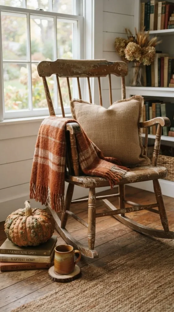 Rustic wooden rocking chair with blanket pillow pumpkin books cozy
