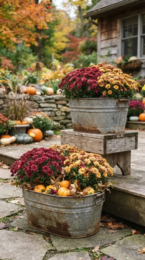 Metal buckets filled with red and yellow mums and pumpkins