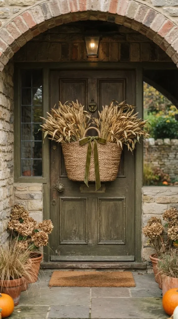 Green door, wheat basket wreath, brick arch, potted plants, pumpkins.