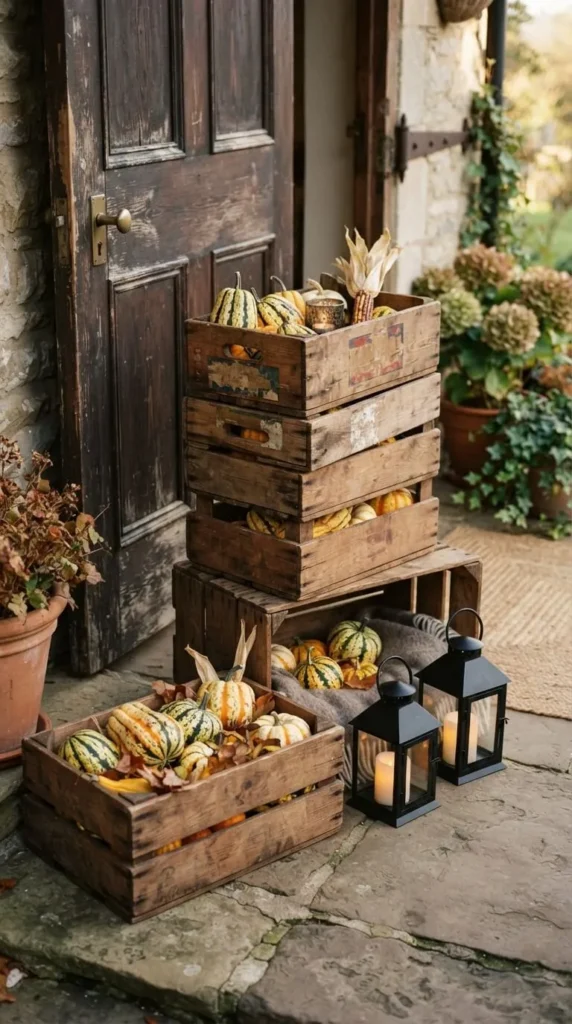 Wooden crates filled with pumpkins and lanterns on stone steps