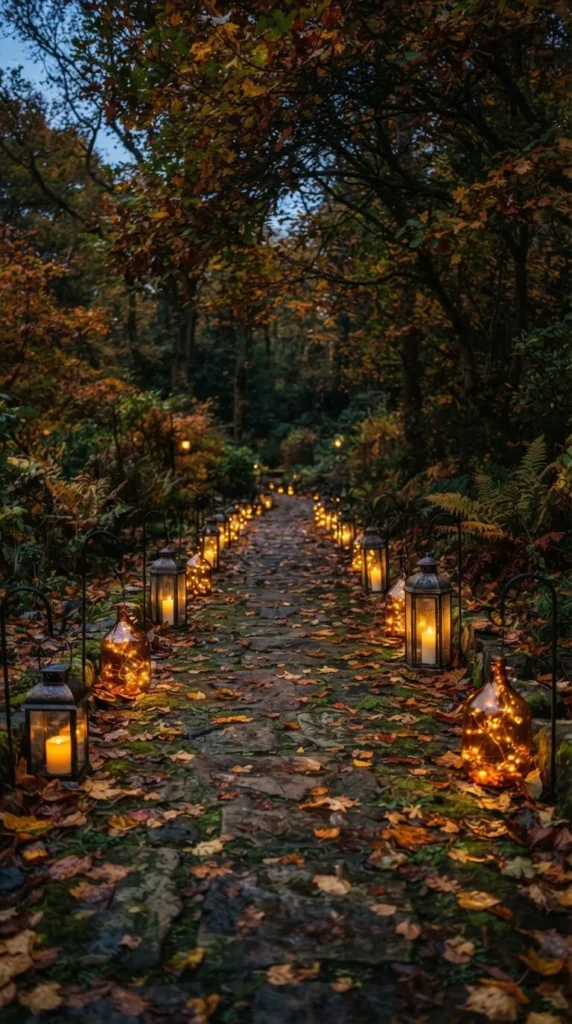 Stone path lined with glowing lanterns amid autumn forest dusk