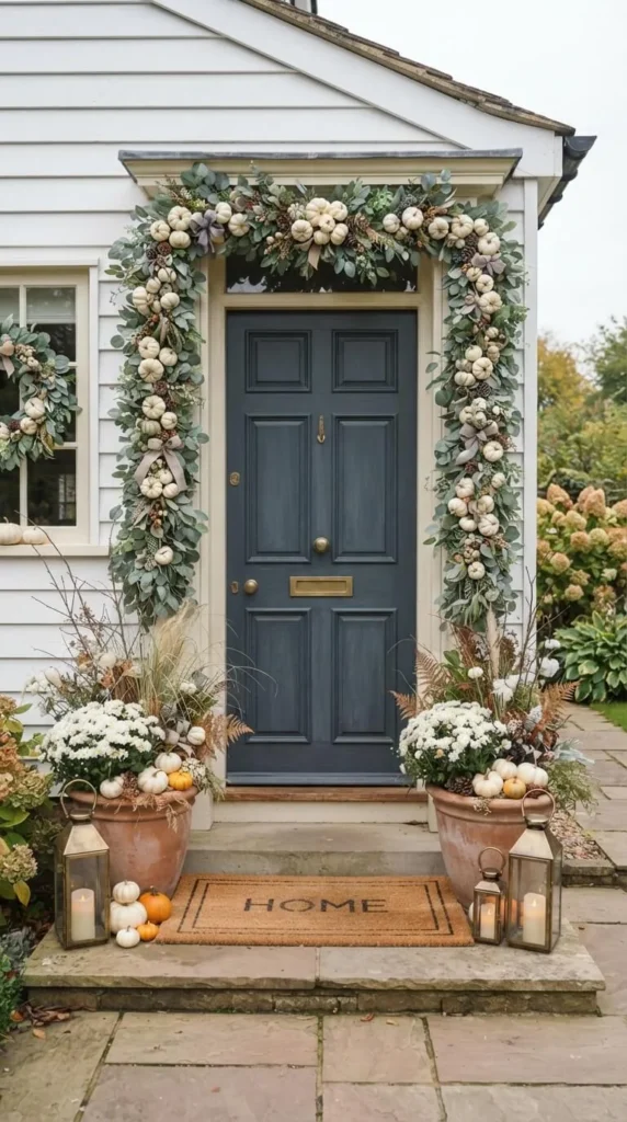 White house front door with greenery pumpkins lanterns HOME mat