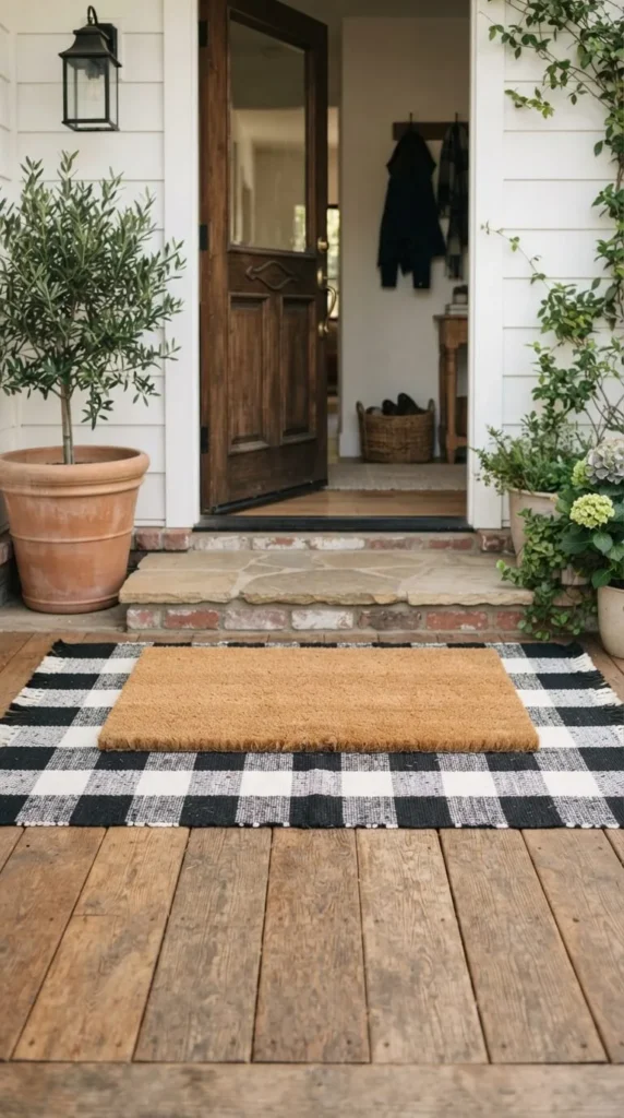 Open door, steps, black white rug, coir mat, potted plant