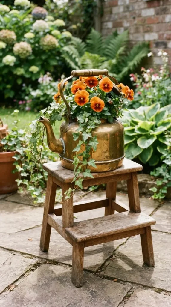 Brass kettle planter with orange flowers on wooden garden stool