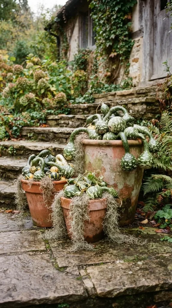 Stone steps, terracotta pots with green gourds, ivy-covered garden house.