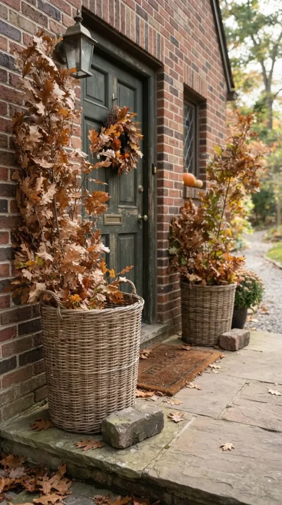 Brick house front door with autumn wreath and wicker planters