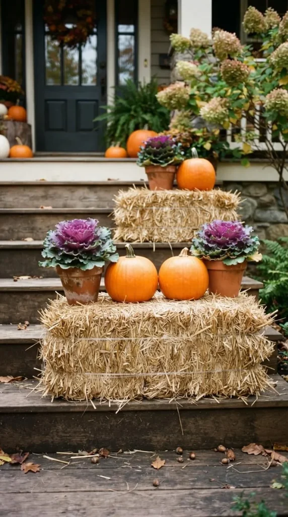 Pumpkins and purple kale on hay bales on wooden steps