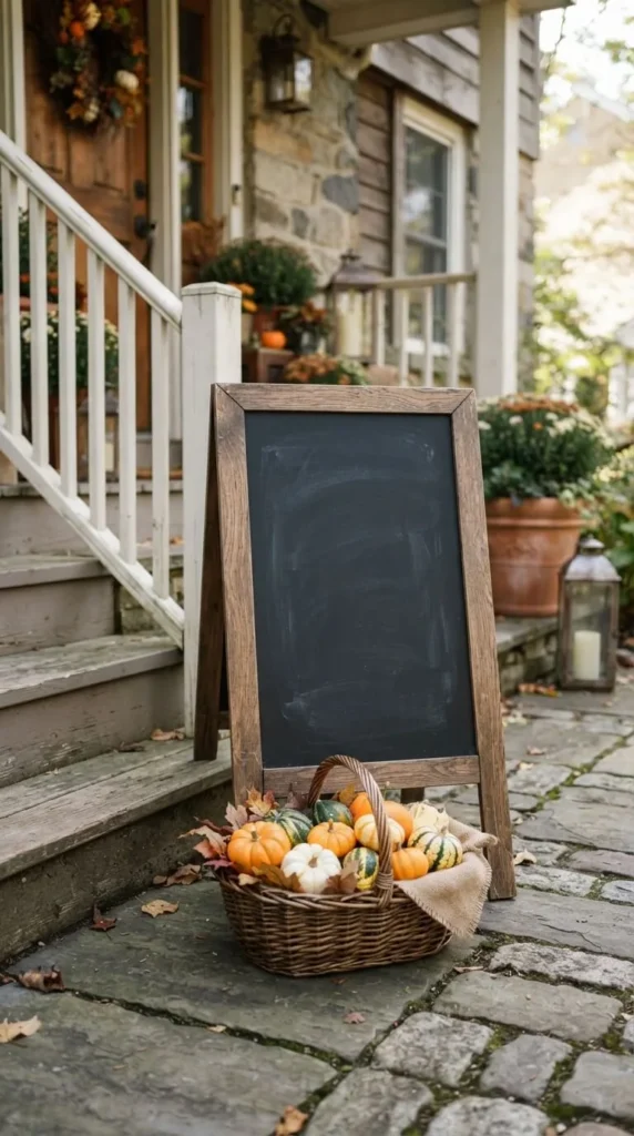 Chalkboard sign beside pumpkin basket on stone autumn porch steps