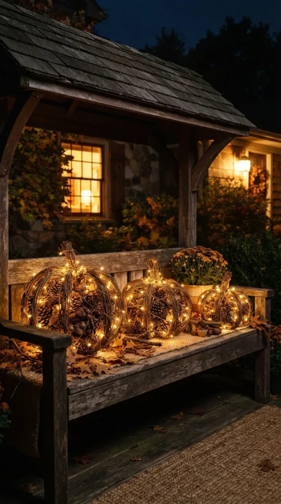 Wooden bench holds glowing pumpkin lights outside at night warm