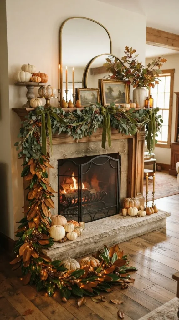 A decorated fireplace with fall garland pumpkins and a fire