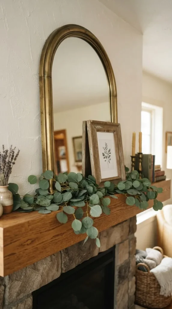 Arched brass mirror above wooden mantel with eucalyptus garland fireplace