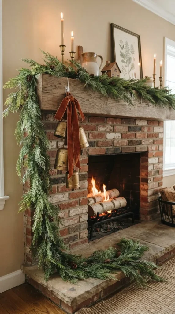 Brick fireplace with lit fire, festive garland, candles, and bells.