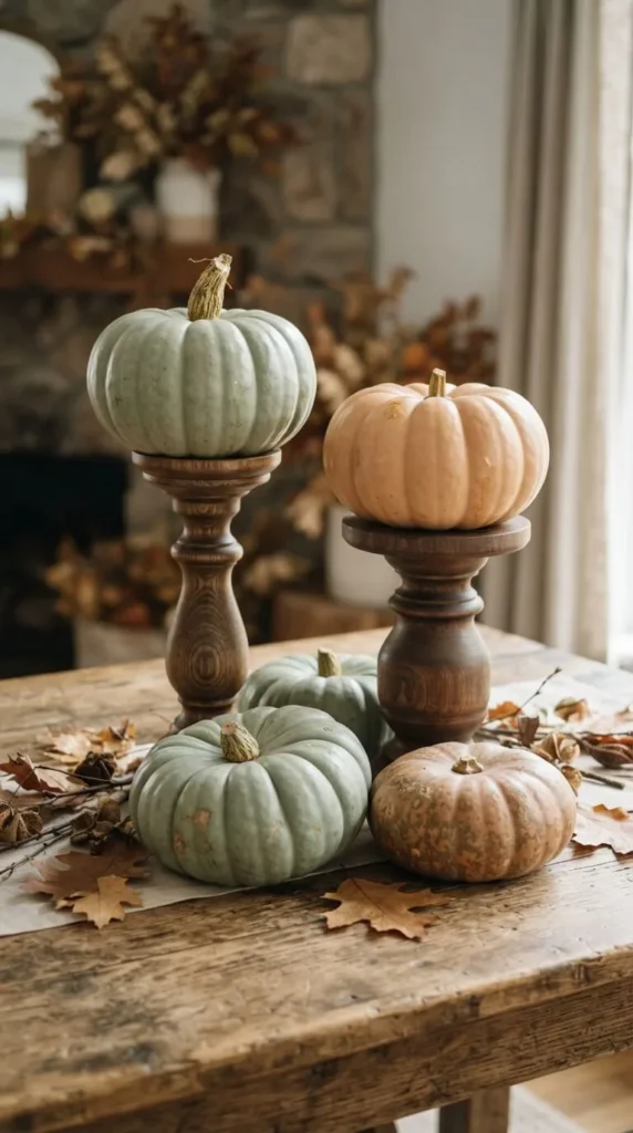 Green and orange pumpkins on wooden stands with autumn leaves.