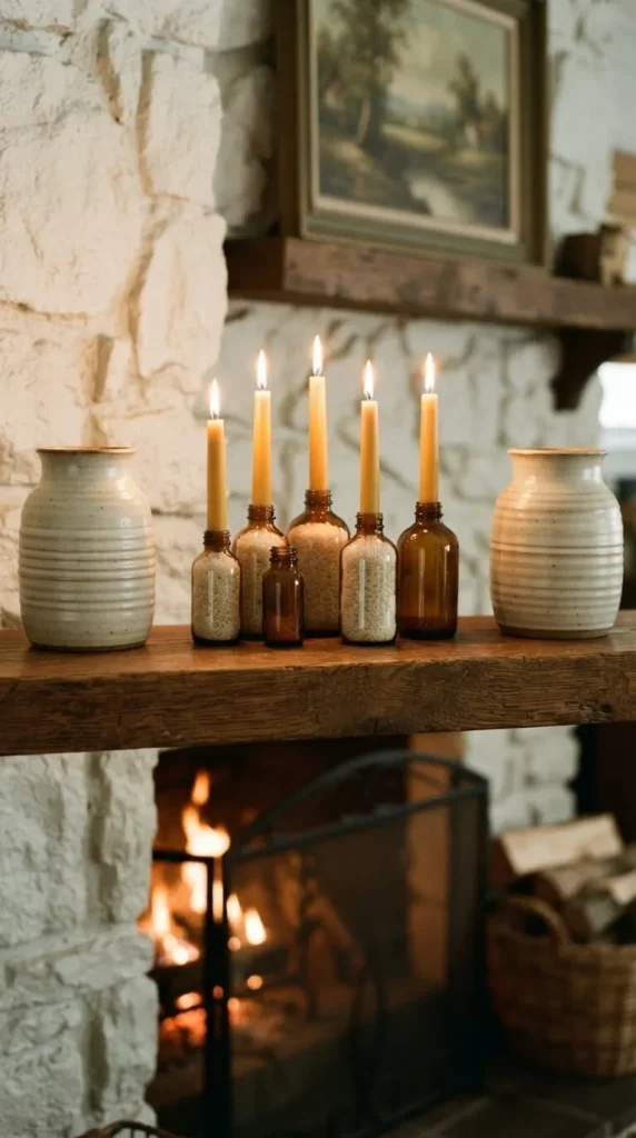 Five lit candles in bottles on wooden mantel above fireplace